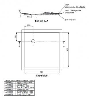 Schedel barriere freie Dusche - Duschboard - Duschwanne Mineraloberfläche 900x900 mm, Ablaufposition 230/230 mm