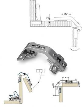 Preview: Winkelscharnier ergänzend 135° mit Kreuzmontageplatte