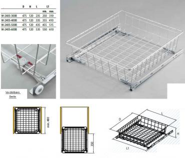 Preview: Ausziehkorb rollengeführt - Korbhöhe 12cm - 22cm - Korbbreite 250mm bis 610mm - Farbe weiss, silber oder anthrazit