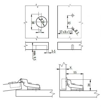 Preview: Topfscharniere Ø26 Einliegend mit Kreuzmontageplatte