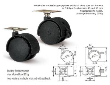 Preview: Möbelrolle ∅40 mm ohne Bremse mit Befestigungsplatte