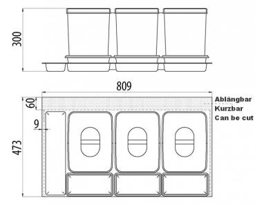 Preview: Trennsystem für Schubladen mit 3x15L Sammler und 3 Ablagenschalen