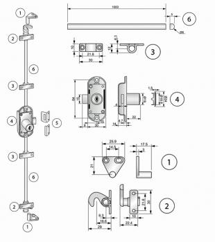 Preview: Drehstangenschloss mit 2x1m Stangen und Halter