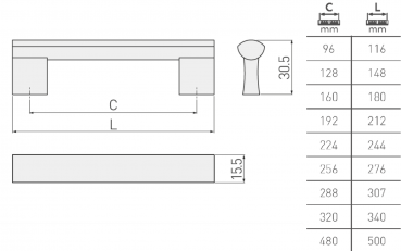 Preview: Möbelgriff UA-B311 Aluminium - Chrom - Edelstahloptik ** - Schwarz - Lochabstand 96mm - 480mm