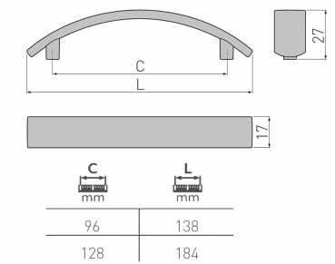 Preview: Möbelgriff UZ-14 Aluminium - Chrom - Satin - Lochabstand 96mm - 128mm