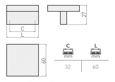 Preview: Möbelgriff UZ-60 Aluminium - Chrom - Edelstahl - Satin 60 x 60 mm