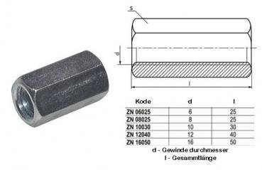 Preview: M10x30mm Verbindungsmuffen f. Gewindestangen,Stahl verzinkt, DIN6334, 1Stück