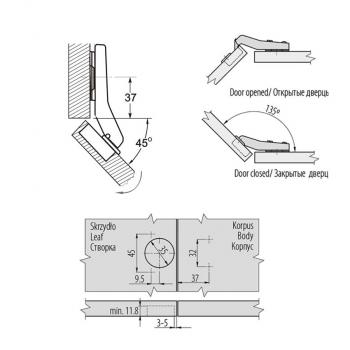 Preview: Winkelscharnier 45° Öffnungswinkel mit Kreuzmontageplatte