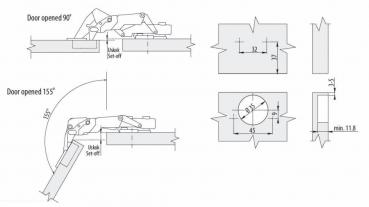 Preview: Automatikscharnier 155° Öffnungswinkel mit Schließautomatik und Aufklipstechnik