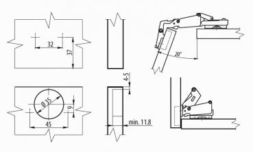 Preview: Automatikscharnier 165° Öffnungswinkel mit Schließautomatik und Aufklipstechnik
