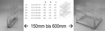 Preview: Schrankauszug mit Frontauszugsystem - 3 Körbe - Schrankbreite 150mm - 600mm