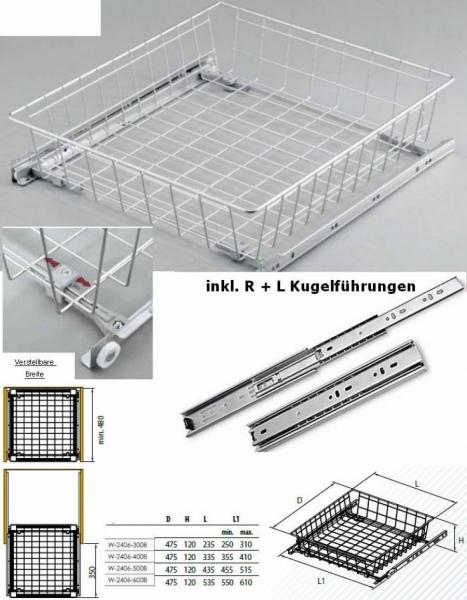 Ausziehkorb kugelgeführt - Korbhöhe 12cm - 22cm - Korbbreite 250mm bis 610mm - Farbe weiss, silber oder anthrazit