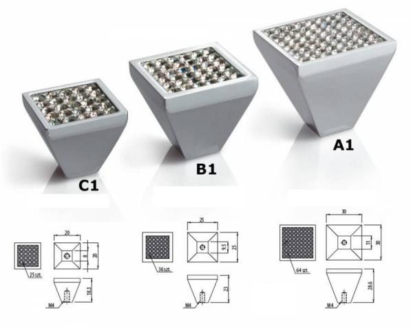 Aluminiumgriff mit Kristallglas A1-30x30mm verchromt