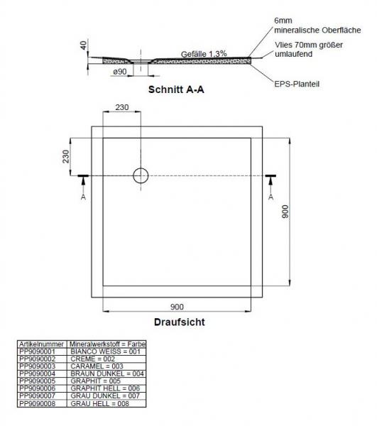Schedel barriere freie Dusche - Duschboard - Duschwanne Mineraloberfläche 900x900 mm, Ablaufposition 230/230 mm