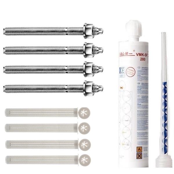 Mauerstein Befestigung Set, Verbundmörtel+A4 Ankerstangen M10x165+Siebhülsen