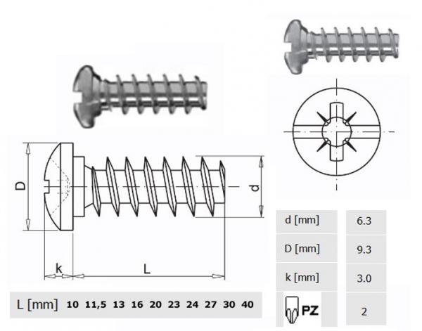 Euroschraube 6,3x13 mm Linsenkopf / Pozidrive verzinkt