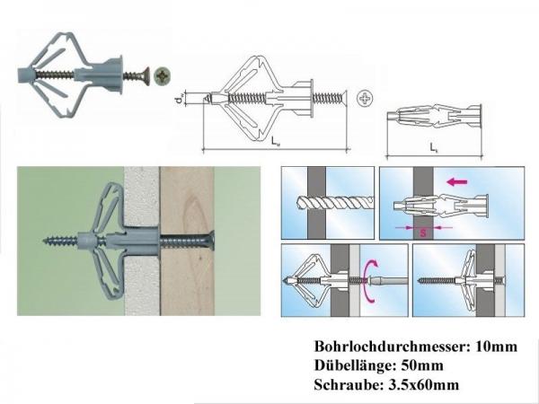 Rigips-Spreizdübel / Hohlraumdübel mit Schraube,100Stück