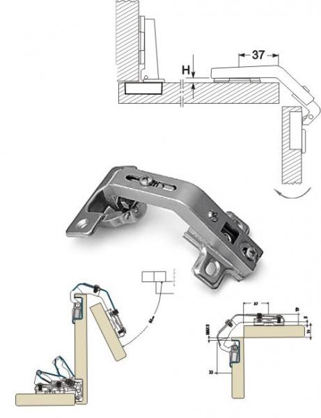 Winkelscharnier ergänzend 135° mit Kreuzmontageplatte