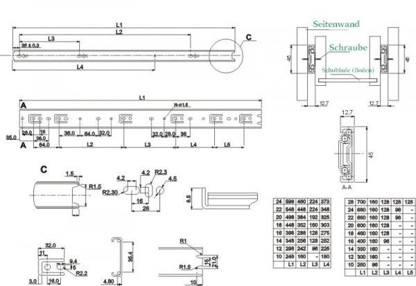 Schubkastenführungen 550mm Vollauszug H-45 GTV Prestige