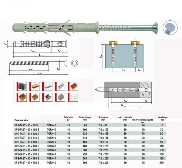 Rahmendübel 10x230 mit Senkkopfschraube Torx40 ohne Kragen, 25 Stück