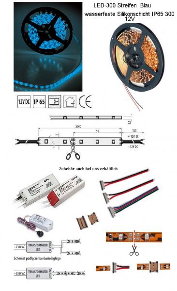 LED-300 Streifen Blau wasserfeste Silikonschicht IP65 12V, 5 cm
