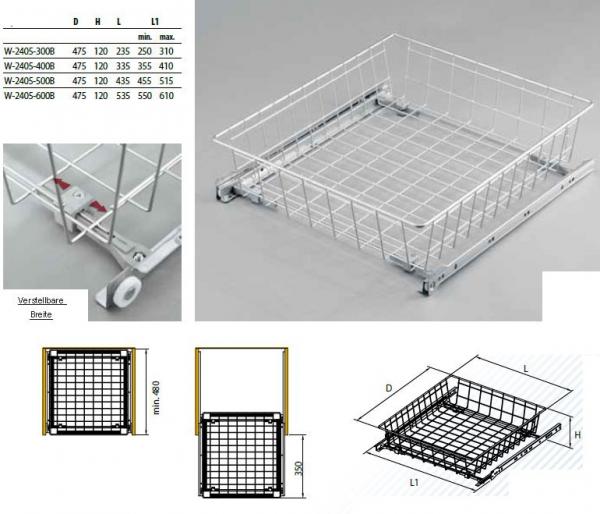 Ausziehkorb rollengeführt - Korbhöhe 12cm - 22cm - Korbbreite 250mm bis 610mm - Farbe weiss, silber oder anthrazit