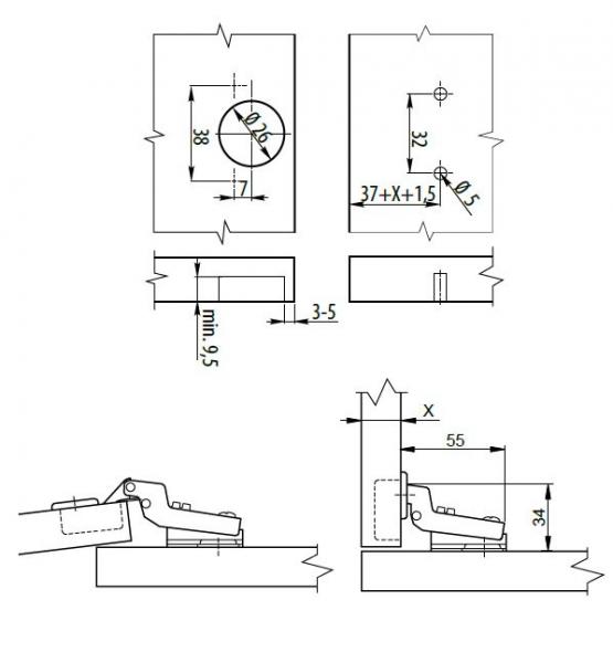 Topfscharniere Ø26 Einliegend mit Kreuzmontageplatte