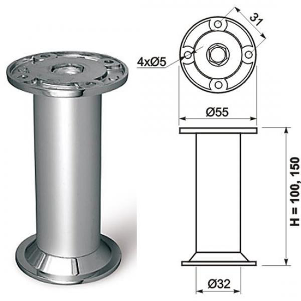 Möbelfuß Ø 32mm - Höhe 100mm / 150mm - mit Befestigungsplatte - Aluminium