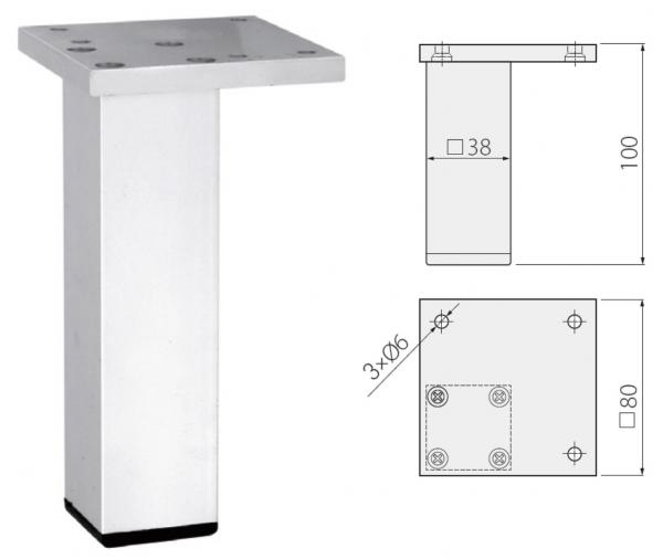 Möbelfuß 38mm x 38mm - Höhe 100mm - mit Befestigungsplatte - Aluminium
