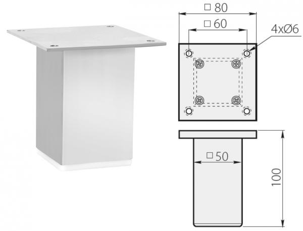 Möbelfuß 50mm x 50mm - Höhe 100mm - mit Befestigungsplatte - Aluminium
