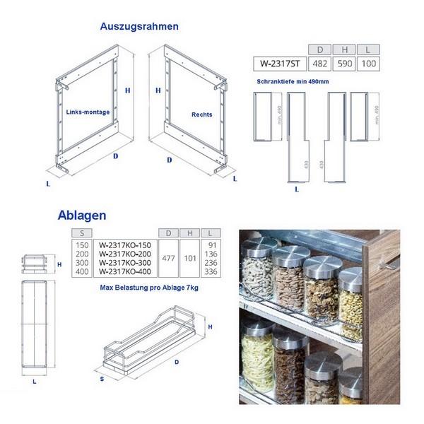 Universal Auszugrahmen für bis zu 4 Ablagen Silber