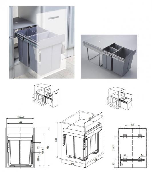 Mülltrennsystem mit Frontauszugsystem - Schrankbreite 400mm - 600mm