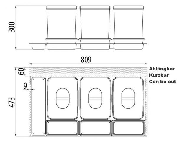 Trennsystem für Schubladen mit 3x15L Sammler und 3 Ablagenschalen