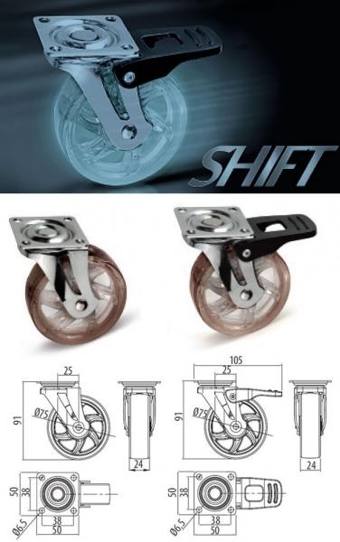 Möbelrolle Ø75 Gummirad mit Bremse transparent