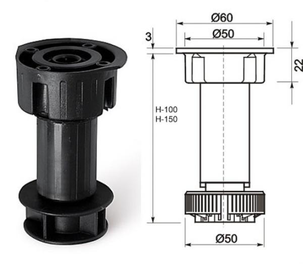 Kunststofffuß / Sockelverstellfuß schwarz Höhe 100 bis 150mm, drehbar,