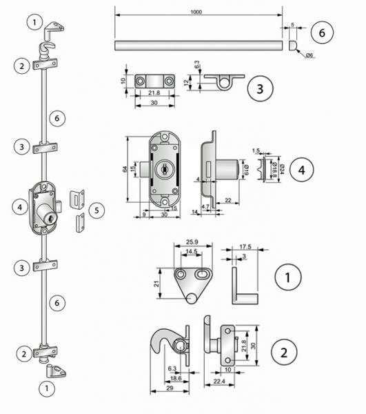 Drehstangenschloss mit 2x1m Stangen und Halter