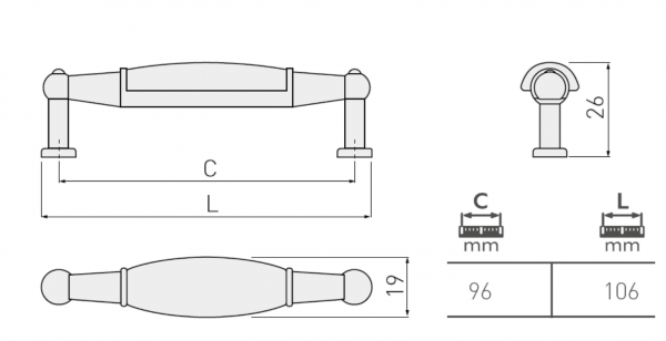 Porzellangriff UP-728B Altmessing - Porzellan - Lochabstand 96mm