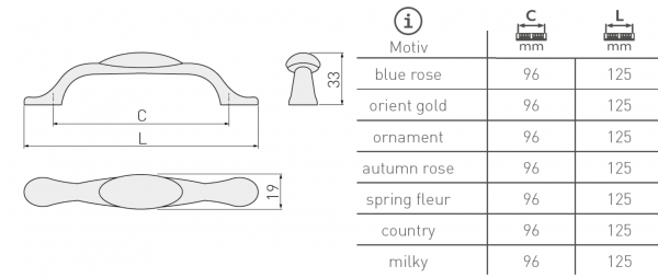 Porzellangriff UP-728P Altmessing - Altsilber - Porzellan - Lochabstand 96mm