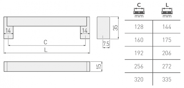 Möbelgriff UZ-334 Edelstahloptik - Lochabstand 128mm - 320mm