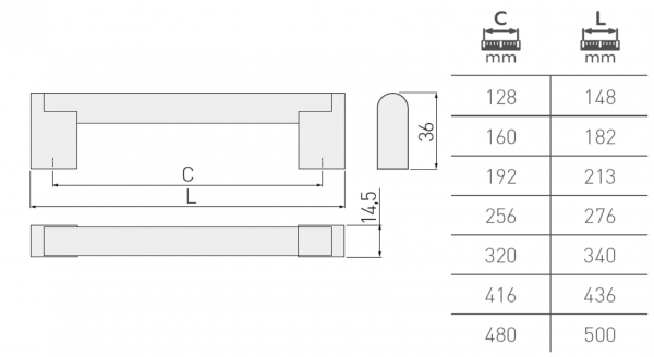 Möbelgriff UZ-336 Edelstahloptik - Lochabstand 128mm - 480mm