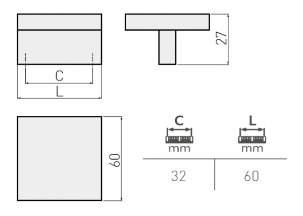 Möbelgriff UZ-60 Aluminium - Chrom - Edelstahl - Satin 60 x 60 mm