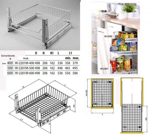 Schrankauszug mit Frontauszugsystem - 1 Korb - Schrankbreite 400mm - 600mm