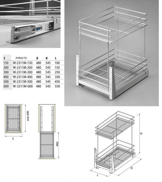 Schrankauszug mit Frontauszugsystem - 2 Körbe - Schrankbreite 150mm - 600mm