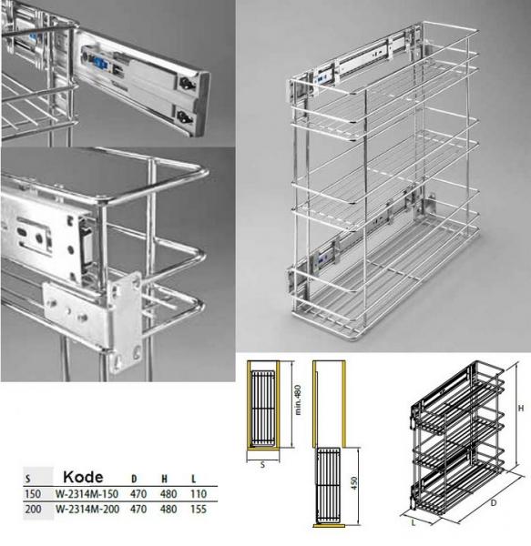 Schrankauszug 150mm 3 Boden silberfarben