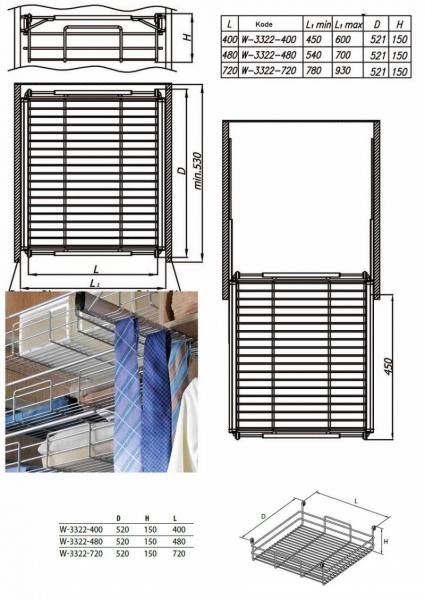 Drahteinhängekorb 400mm mit Auszugrahmen alufarben