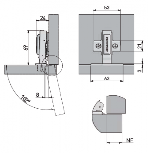 Automatikscharnier 110° Außenseite mit integrierter Schließtechnik