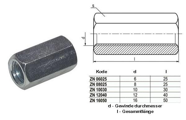 M16x50mm Verbindungsmuffen f. Gewindestangen,Stahl verzinkt, DIN6334, 1Stück