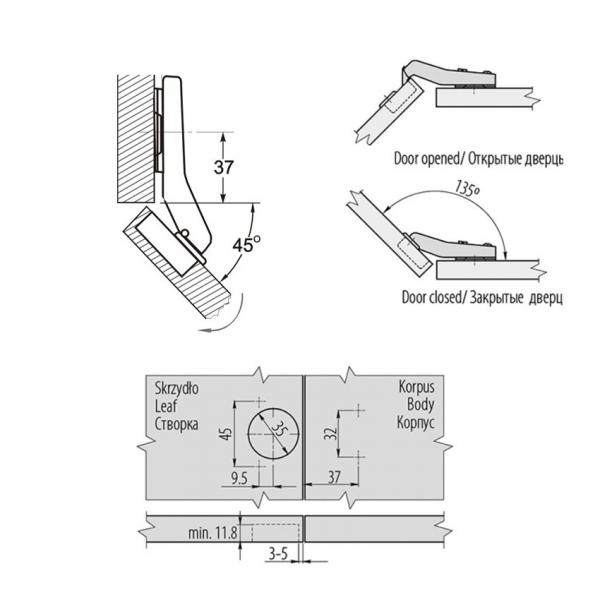 Winkelscharnier 45° Öffnungswinkel mit Kreuzmontageplatte