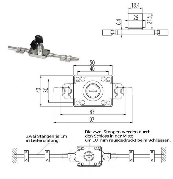 Schubstangenschloss mit 2x1m Stangen und Halter