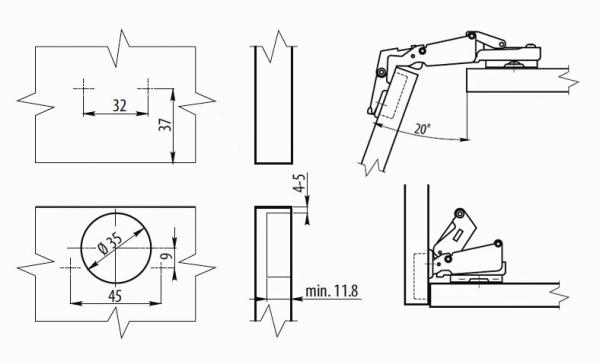Automatikscharnier 165° Öffnungswinkel mit Schließautomatik und Aufklipstechnik